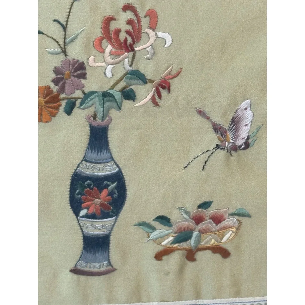 Vintage Chinese Silk Embroidery Framed Art Floral Vase Butterfly Chinoiserie